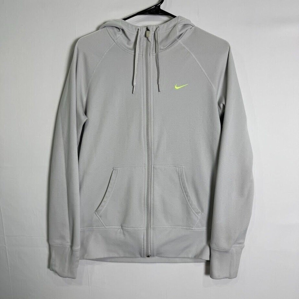 Nike Therma-FIT Full Zip Hoodie Mens Medium Gray Neon Green Swoosh Thumbholes